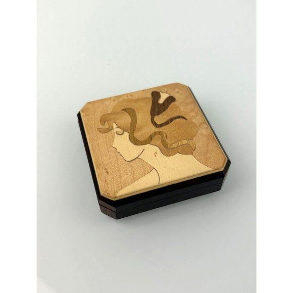 Vintage Inlaid Marquetry Compact Hand Mirror Art Nouveau Deco Lady Swivel Wood - Picture 10 of 10